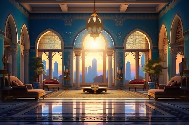 Фото Очень роскошный и большой номер со стенами, украшенными марокканской мозаикой. комната в традиционном исламском стиле.