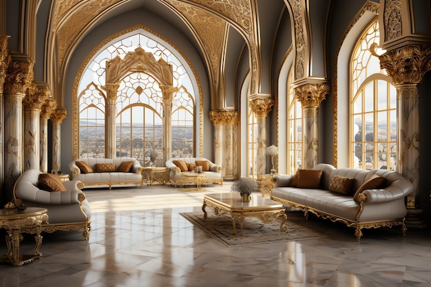 非常に豪華な部屋で、モロッコのモザイクで飾られた壁のある広い伝統的なイスラムの部屋