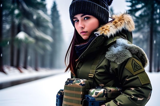 very muscular solider girl with haircut wearing winter camo military fatigues camo plate carrier rig combat gloves AI Generative