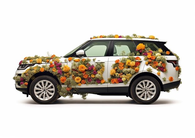 Photo very nice one car decorated with beautiful flowers isolated on a white background flowers