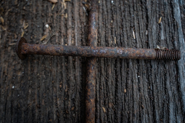 The very old rusty screws on the wood floor