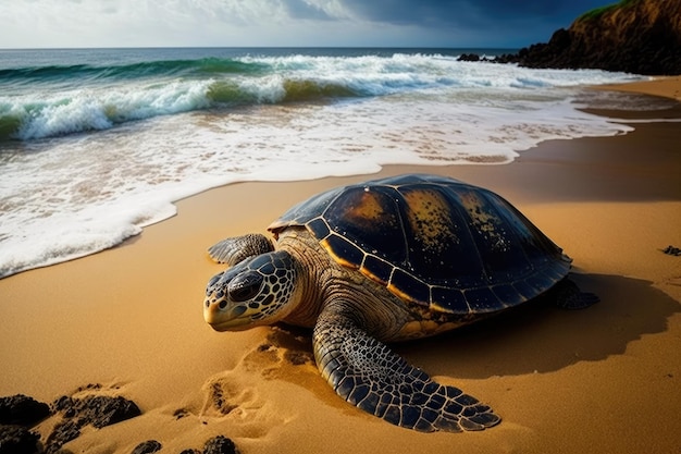 Very old turtle basking in the sun on the beach with view of rolling waves