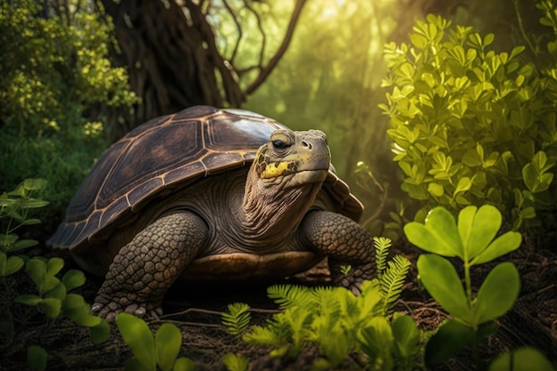 Very old turtle basking in the sun surrounded by lush greenery created with generative ai