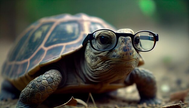 Very old turtle with bad eyesight wearing glasses Generative AI