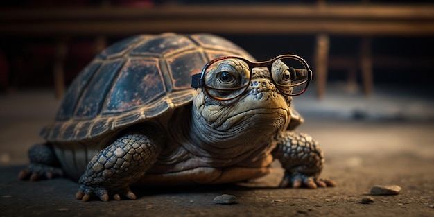 Very old turtle with bad eyesight wearing glasses Generative AI