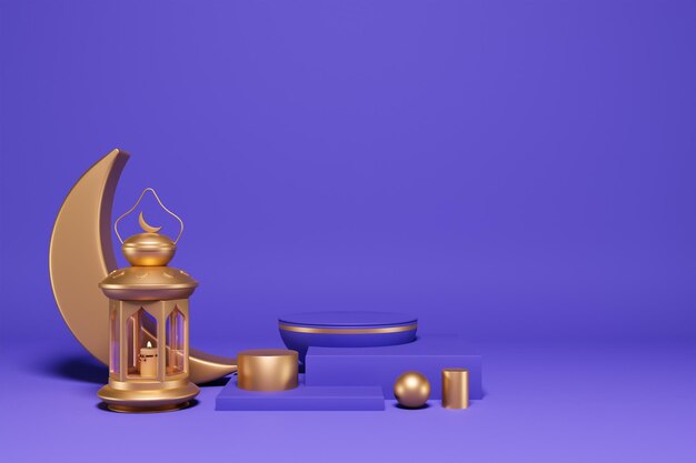 Very Peri podium Ramadan lantaarn Crescent Decoratief voetstuk met gouden vormen 3D-rendering