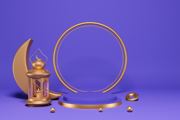 Very Peri podium Ramadan lantern Crescent Gold circles Cannonballs and decorations 3D Rendering