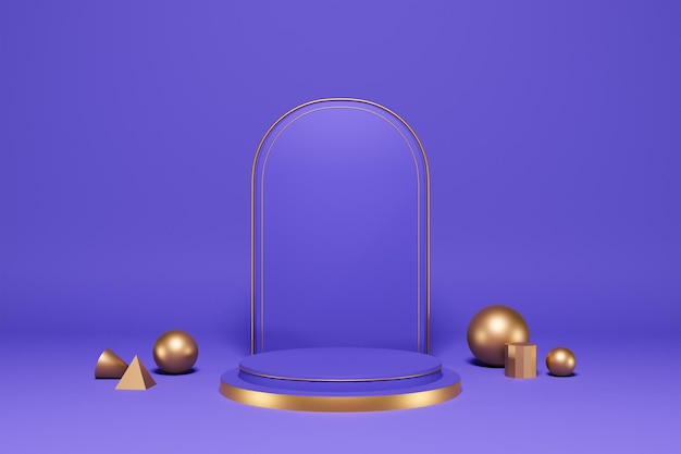 Very Peri podium voetstuk productstandaard met gouden concept van vormen en gouden frame 3D-rendering