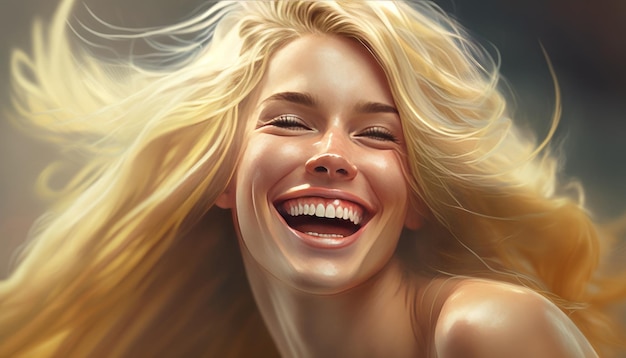 Very realistic blonde beautiful woman filled with joy generative AI