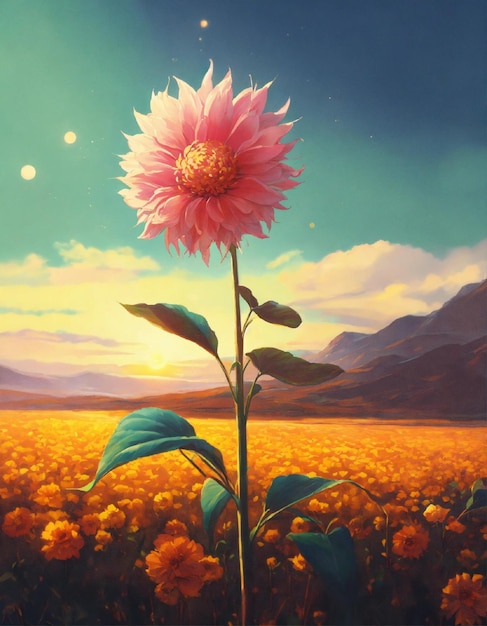 a very tall beautiful unrealistic grownup flower alone on the valley a lot of sun light analog