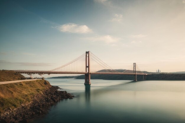 A Very Tall Bridge Over a Body of Water Stock Photo