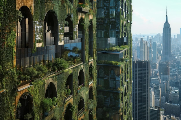 Photo a very tall building covered in a multitude of plants creating a vibrant and green facade futuristic skyscrapers made entirely of recycled materials ai generated