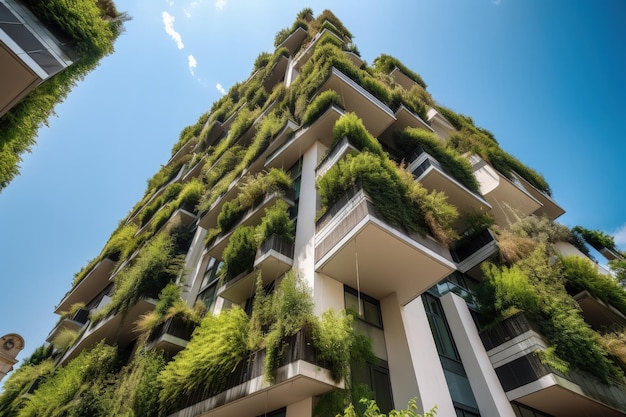 A very tall building with a bunch of plants growing on it generative AI