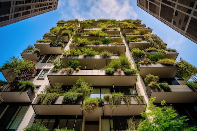 A very tall building with lots of plants growing on it generative AI