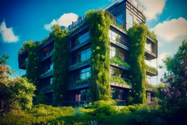 Very tall building with lots of plants growing on the side of it Generative AI