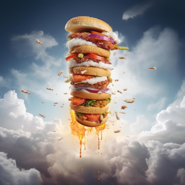 Фото Очень высокий бутерброд взлетает, как ракета, сгенерированный ии.