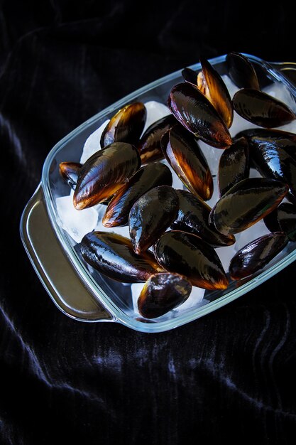 Very tasty and fresh mussels on ice cubes