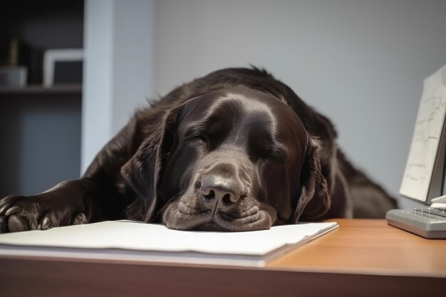 very tired big dog on the files in the office