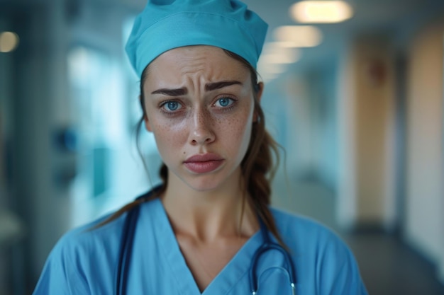 Very upset and disappointed healthcare worker in scrubs