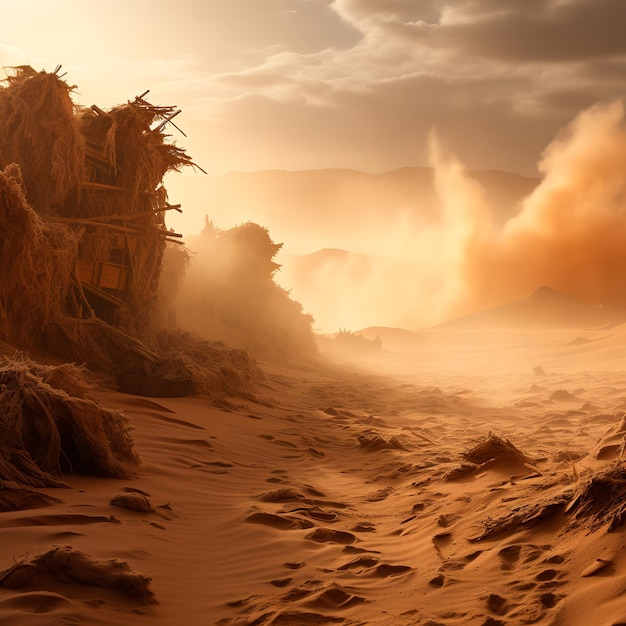 Foto tempesta di sabbia molto ventosa nel deserto particelle di pietre nell'aria