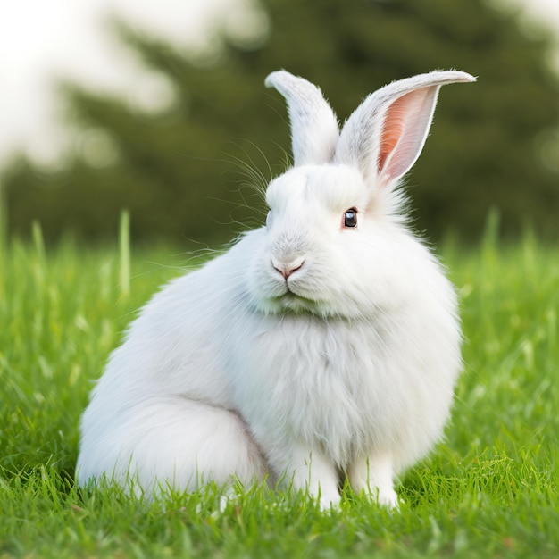 Verzadigde pasen Engels Angora konijn portret volledige lichaamszitting in groen gebied