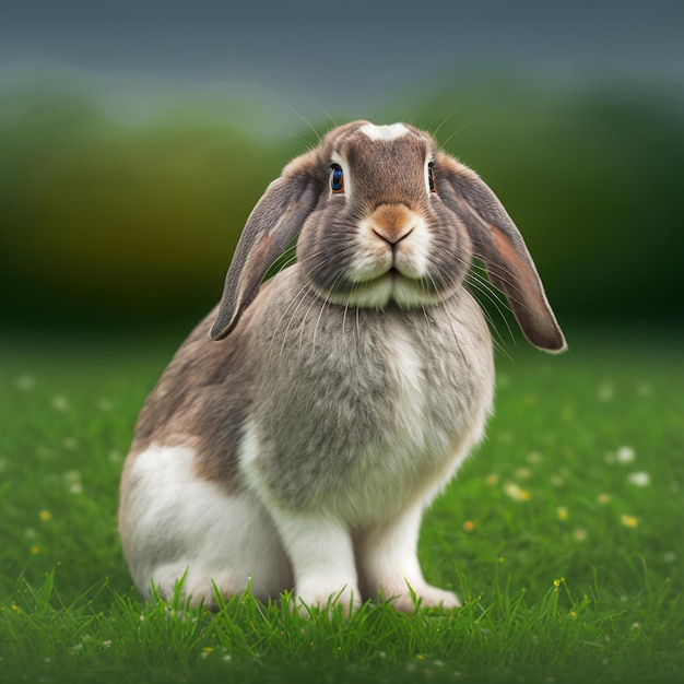 Verzadigde pasen Franse hangoor konijn portret volledige lichaam zittend in groen veld