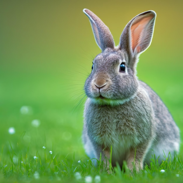 Verzadigde pasen Rhinelander konijn portret volledige lichaam zittend in groen veld