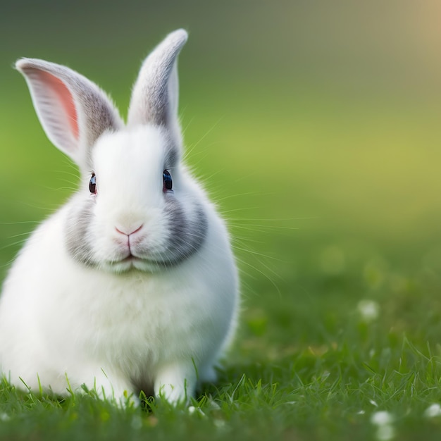 Verzadigde pasen witte dwerg konijn portret volledige lichaam zittend in groen veld