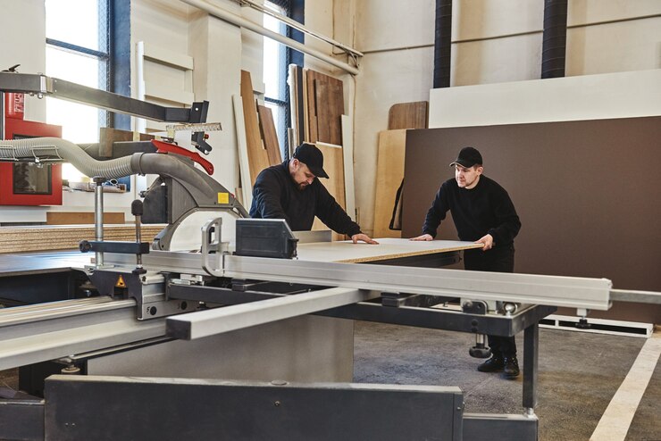 Verzagen van een houten plank op een schuiftafel zag houtbewerking en timmerwerkproductie