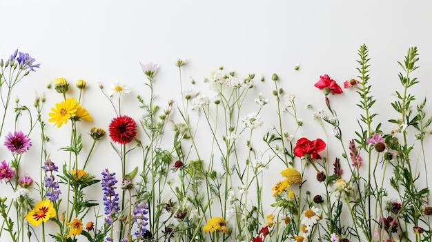 Verzameling gemengde wilde bloemen op witte achtergrond Kopieerruimte