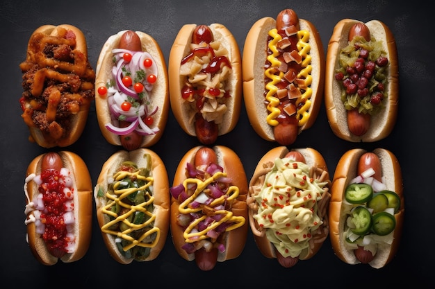 Verzameling hotdogs, elk gecombineerd met verschillende soorten saussaus en toppings