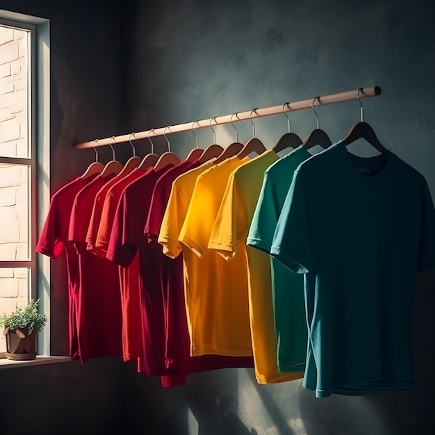 Verzameling katoenen t-shirts hangend aan hangers weergave van katoenen t-shirtproducten generatieve ai