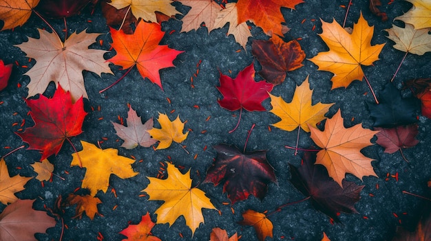 verzameling kleurrijke herfstbladeren verspreid over de grond in een rustige parkomgeving
