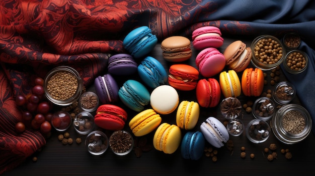 verzameling kleurrijke macarons op tafel en geschenken