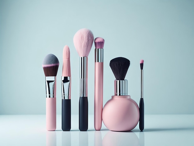 Verzameling make-up en cosmetische schoonheidsproducten op een rij gerangschikt op blauwe achtergrond
