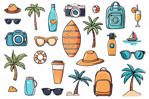 verzameling tropische voorwerpen, waaronder zonnebrillen, hoeden en een fles water