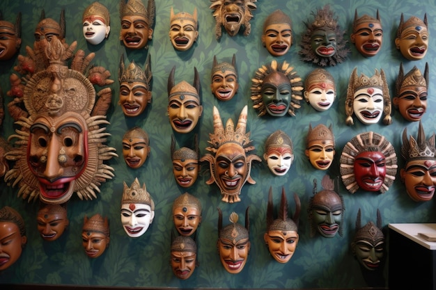 Verzameling unieke en expressieve Balinese maskers gemaakt met generatieve AI