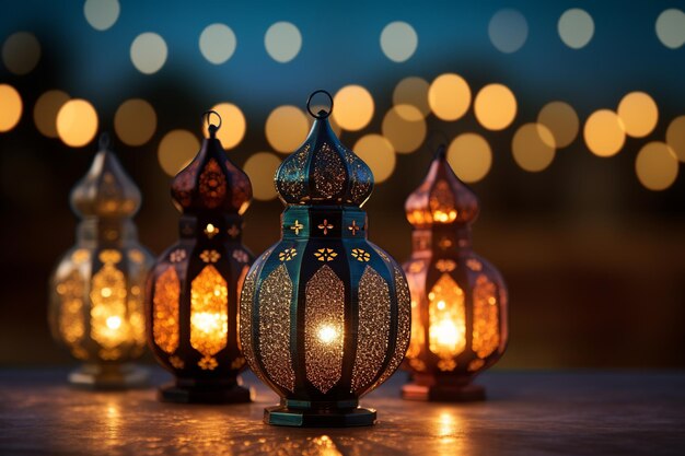 Verzameling van Fanous lantaarns die schijnen in een vreedzame Ramadan avond