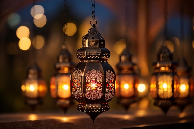 Verzameling van Fanous lantaarns die schijnen in een vreedzame Ramadan avond