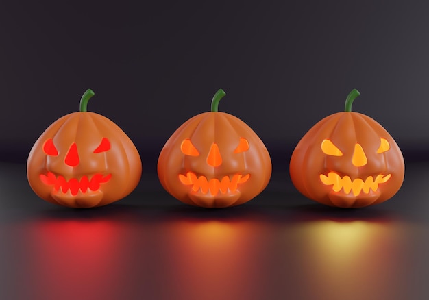 Verzameling van Halloween-pompoenen op zwarte achtergrond 3D-rendering