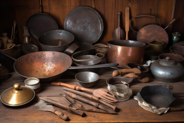 Verzameling van metalen kookgerei, waaronder woks en koekenpannen gemaakt met generatieve AI