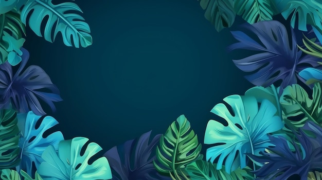 Verzameling van tropische bladerenbladplant in blauwe kleur met ruimtevestiging Creatieve hulpbron AI gegenereerd