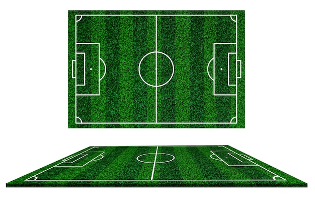 Verzameling van voetbalveldelementen weergaveGroen gras voetbalveld van kunstgras achtergrond Speelveld van voetbalWitte lijnen die de gebieden afbakenen