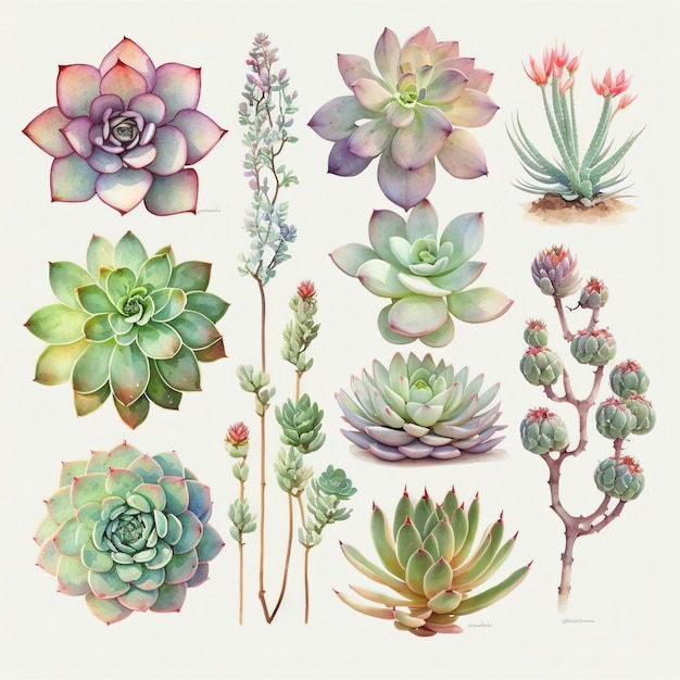 Verzameling van vrij delicate aquarel vetplanten Elke vetplant is een ander type generatieve AI