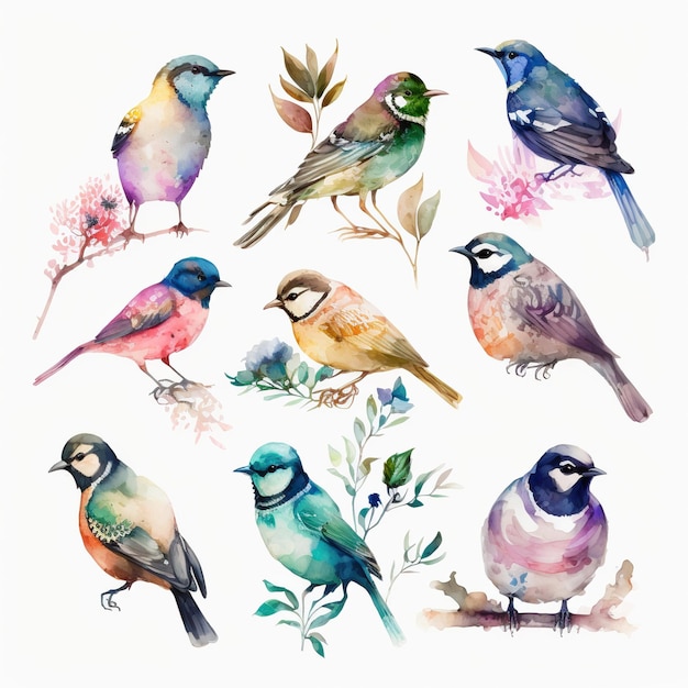 Verzameling van vrij delicate aquarelvogels Elke vogel is een ander type generatieve AI