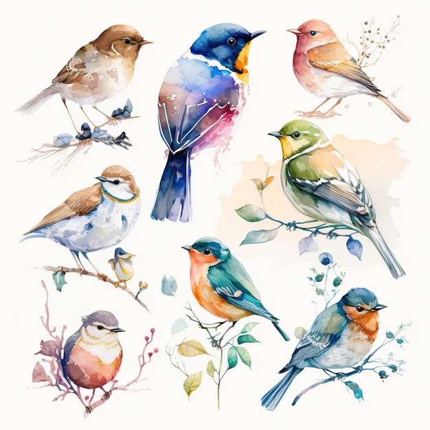 Verzameling van vrij delicate aquarelvogels Elke vogel is een ander type generatieve AI