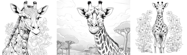 Verzameling van zwart-witte giraffe illustraties voor kleurboek Kleurblad schets van giraffe Activiteit kleurloze dier foto Antistress kleurblad met realistische giraffe in de natuur