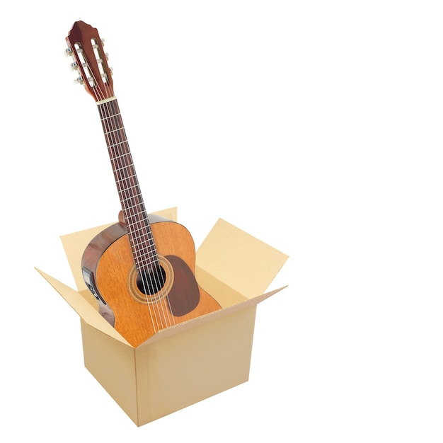 Foto verzend- en inpakservice muziek en geluid klassieke gitaar in pakket geïsoleerd