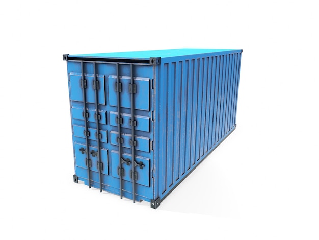 Verzendcontainer met podium in hemelsblauwe pastelcompositie voor moderne toneelvertoning en minimalistische mockup Concept 3d illustratie of 3d render