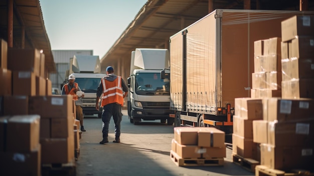 Verzending Cargo Container Trailer Truck geparkeerd laden pakketdozen bij Dock Warehouse